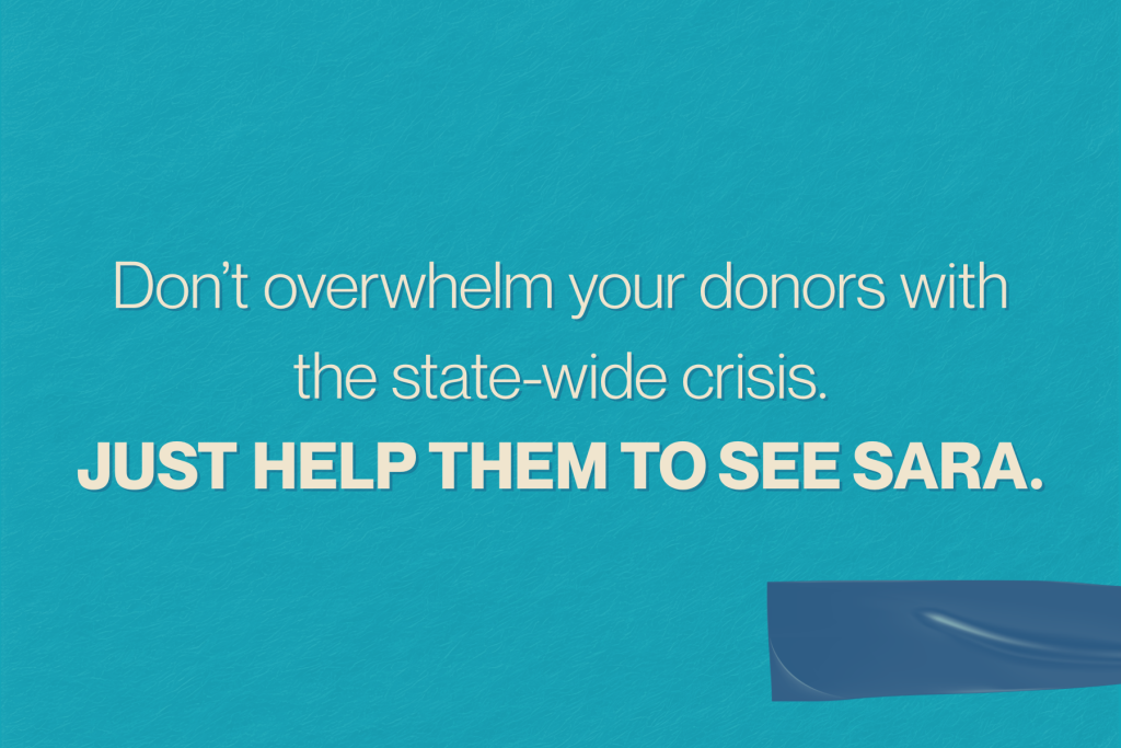 Your donors don’t need to see the state-wide crisis. They just need to see Sara.